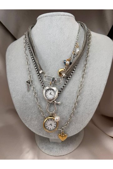 Women's Silver Color Multi-Layer Chain Vintage Watch Figured Pendant Pearl and Heart Detailed Y2K Neck Necklace