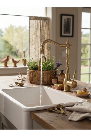 Rustic Vitange Kitchen Sink Faucet - Zen Design Brass - 360 °   Movable Headboard-Slim Elegant Handle Mat Gold Color