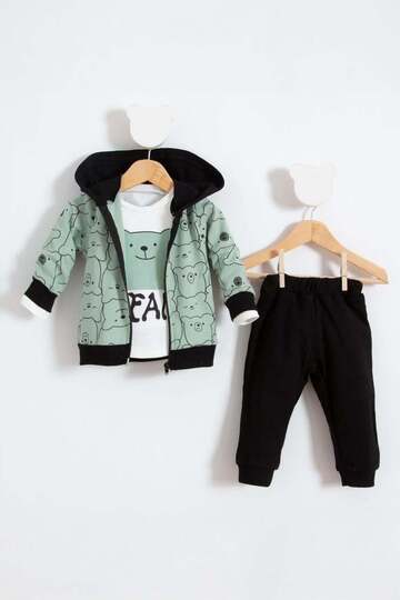 Baby Kids 3-Piece Set 100% Cotton Hooded Zippered Cardigan Long Sleeve T-Shirt Bottom - Green