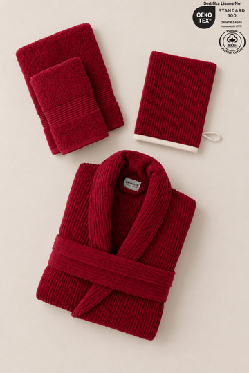 Eldy Striped Bathrobe Set, 4 Pieces, 100% Cotton Certified Şalyaka Bathrobe Set - Burgundy