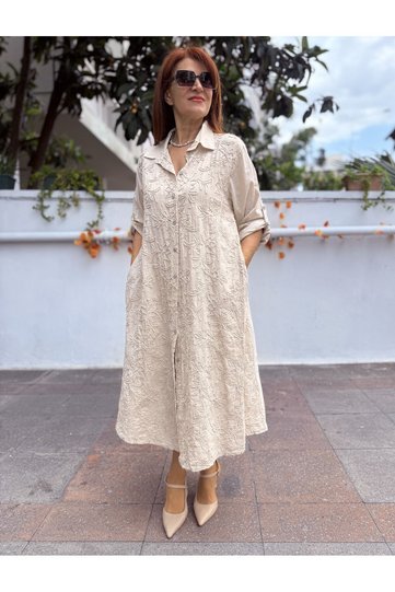 Italian Embossed Embroidered Long Dress Beige