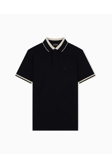 Men's Regular Cut Eagle Logo Embroidered Cotton Pique Fabric Short Sleeve Black Polo Collar T-Shirt