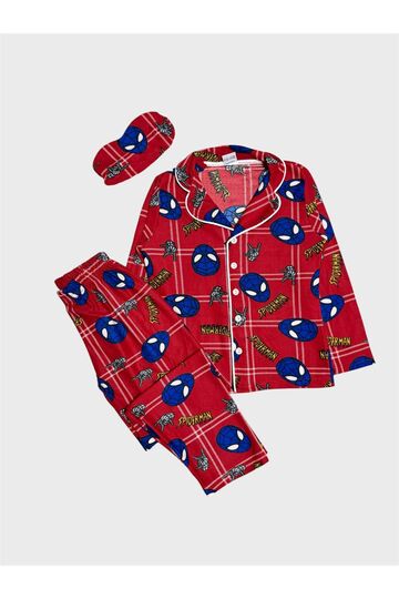 Boy's Cotton Suede Fabric Red Character Patterned Shirt Collar Buttoned Pajama Set