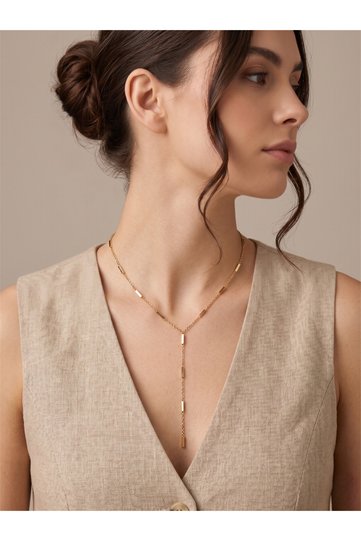 Gold Color Bar Cut Chain Y Necklace