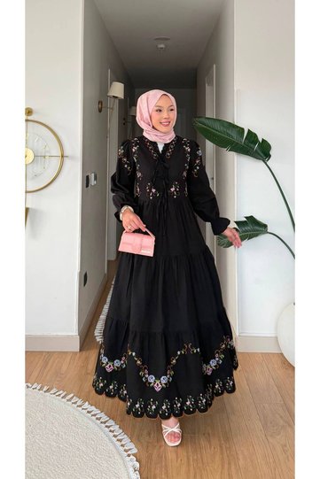 Women's etamine embroidered elastic waist linen hijab dress