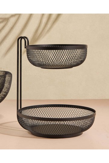 Black Plain Round 2 Tier Metal Fruit Basket