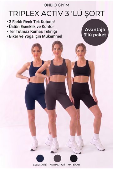 Women's 3-Piece Advantageous (Black-Anthracite-Navy Blue) High Waist Slimming Flexible Sports Shorts
