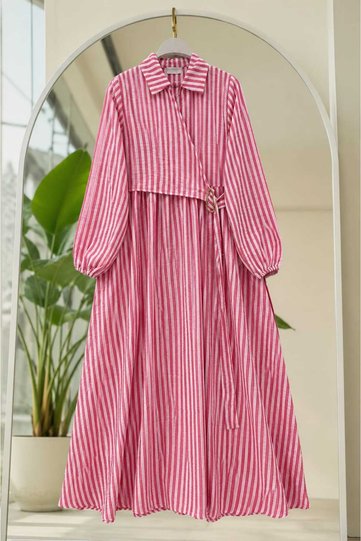 Women's Side Tie Buckle Detailed Striped Dress -0550
