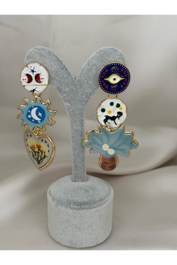 Ethnic Patterned Asymmetric Dangle Earrings Evil Eye Moon Star and Flower Figured Women's Earrings