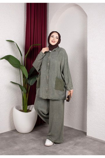Great 100% Cotton Tencel Fabric Special Design Trouser Suit with Pocket Knit Detail