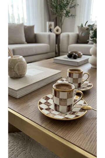 Coffee Plaid Patterned Turkish Coffee Cup Set for 2, Porcelain Coffee Cup Set with Gold Detail
