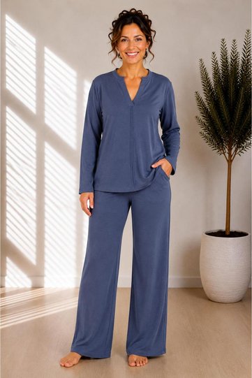 Women's Modal High Collar Full-Fit Double Striped Top and Bottom Set