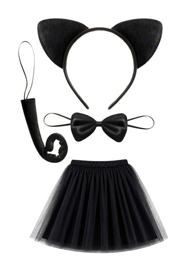 Cat Costume Set Black Color - Tutu Skirt, Crown with Ears, Bow Tie, Tail