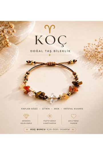 Aries Zodiac Real Natural Stone Braided Bracelet – Black & Gold Double String Design – Tiger's Eye, Citrine, Agate, Crystal Quartz