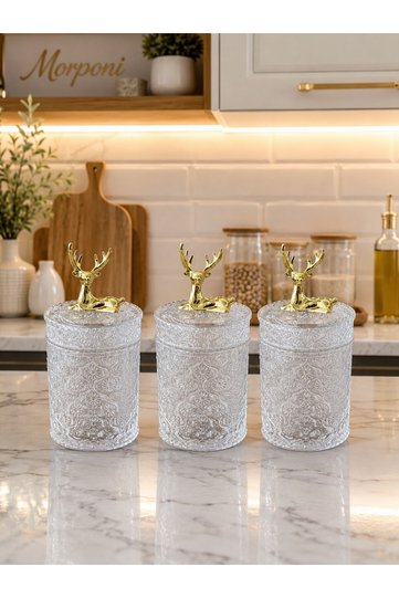 3-Piece Gold Detailed Deer Glass Spice and Sugar Bowl Set - Countertop Kitchen Organizer Msd0623