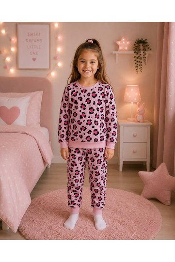 Girls' Cotton Fabric Hooded Pink Leopard Patterned Long Sleeve Winter Pajama Set