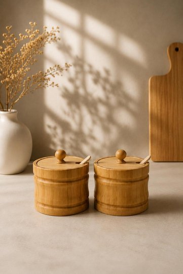 2-Piece Bamboo Spice Container Set with Spoon and Lid, Salt and Sugar Bowl, Coffee and Spice Storage Jar, 9X9 cm