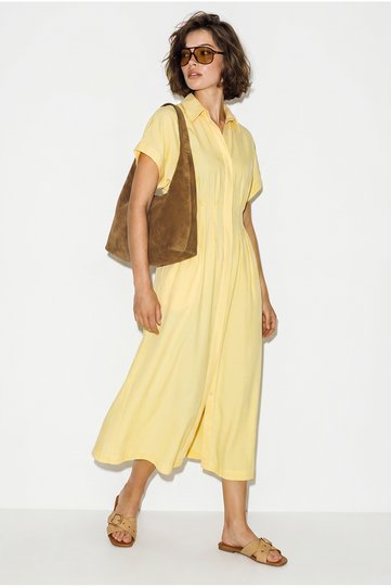 Women's Yellow Buttoned Pocket Detailed Waist Fitted Midi Modal Dress 2792 60286414