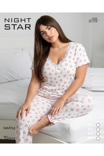 İkon Lace Detailed Pale Star Patterned Waffle Plus Size Pajama Set