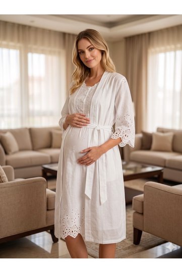 New Season Ecru Thick Strapped Scallop Linen Special Design Summer Maternity Nightgown with Breastfeeding Feature, 2-Piece Set