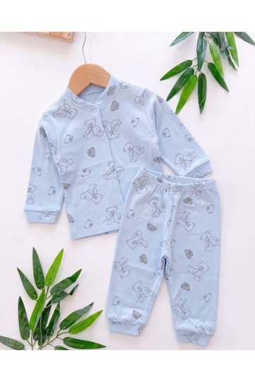 Baby Boy Teddy Bears Printed Front Snap Fastener 2-Piece Top and Bottom Set, 100% Cotton 3-6-9-12 Months Set