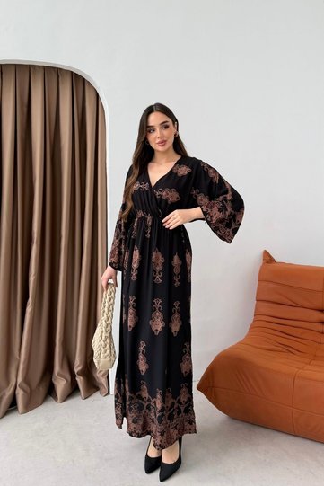Authentic Black Viscose Patterned Slit Long Dress