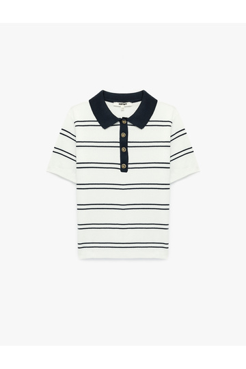 Half-Embellished Buttoned Short-Sleeved Striped Polo-Neck Knit T-Shirt