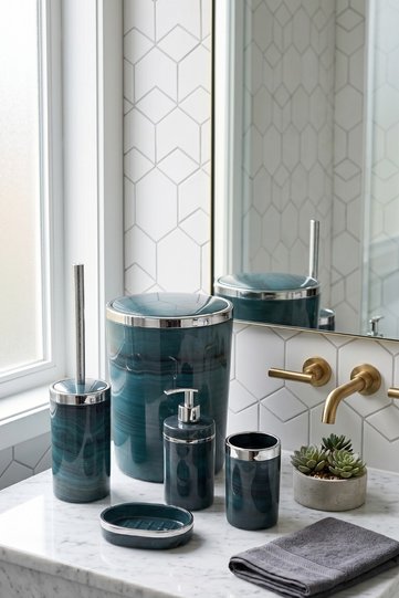 Bathroom Set 5-Piece, Round, Acrylic - Trash Bin, Toilet Brush Holder, Liquid Soap Dispenser, Toothbrush Holder, Hand Soap Dispenser