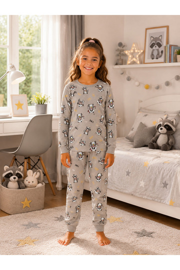 Girl's 100% Cotton Mink Color Raccoon Print Long Sleeve Winter Pajamas Set