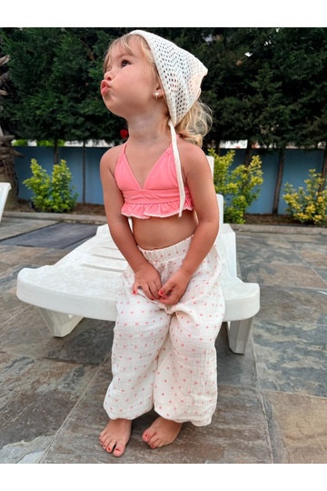 100% Cotton Muslin Fabric Baby Girl and Child Loose Fit Pants (Coral Polka Dot)