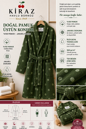 100% Organic Cotton Green Polka Dot Pcs Soft-Textured Unisex Bathrobe