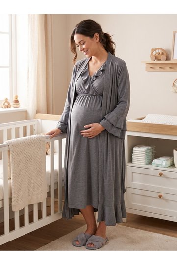 New Season Smoked Melange Flounce Sleeve Design Short Sleeve Summer Nursing Feature Full Length 100% Cotton Maternity Pajama Nightgown Set