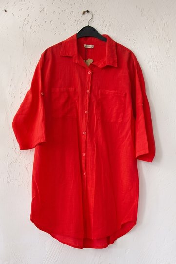 Pomegranate Flower Shirt Collar 3/4 Sleeve Buttoned Pocket Slim Casual Cotton Woven Shirt Dress 85 59