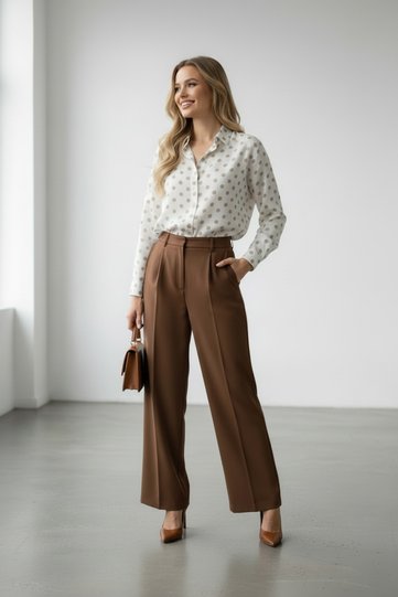 Women's Cream Viscose Light Brown Polka Dot Patterned White Long Sleeve Cuffed Shirt with Buttons