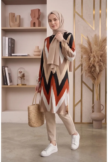 Bürümcük Fabric Patterned Slit Tunic 0502-02 Tile