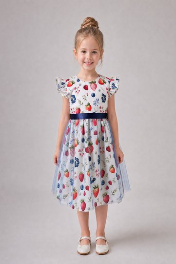Girl's Dark Blue Mixed Fruit Pattern Birthday Party Dress