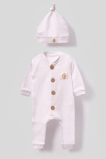 Unisex Waffle Baby Romper with Wooden Button Hat - White