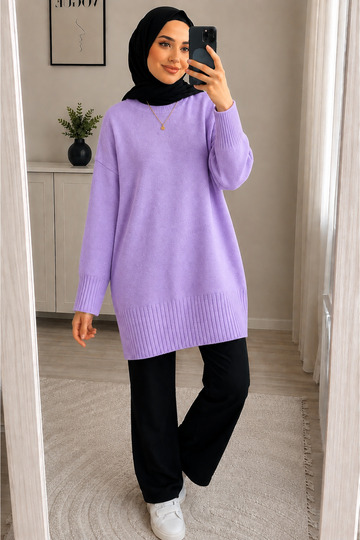 Lilac Crew Neck Oversized Women's Knitwear Sweater Tunic