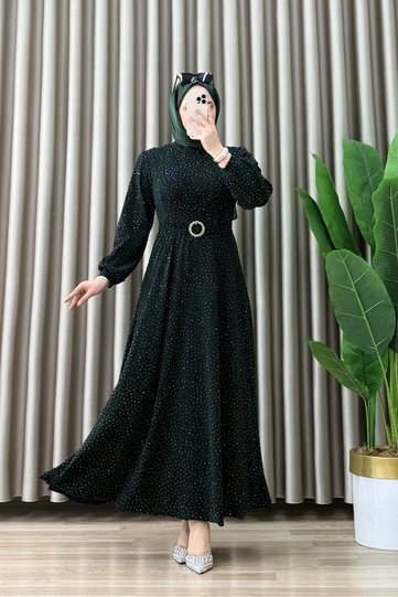 Mi̇hri̇ban Abi̇ye Glittery Stone Fabric Women's Emerald Stylish Wedding Evening Dress with Belt