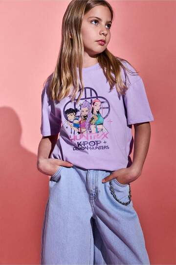 100% Cotton Kpop - Demon Hunters Relax Fit Crew Neck Short Sleeve T-Shirt Girl Child H7337A826Sm
