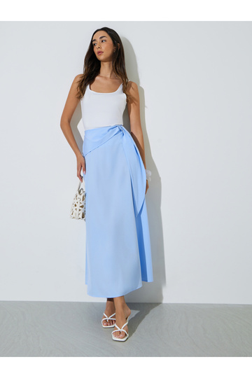 Blue Solid Tie-Waist A-Line Maxi Skirt