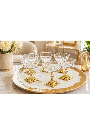 6-Piece Luxury Magnolia Presentation Bowl with Glass Feet - Stylish Dessert Serving Set with Gold Foot Detail