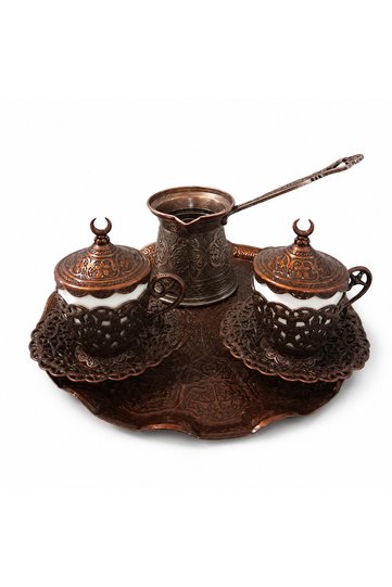 Turkish Greek Arabic Coffee Full Set of 2 Cups with Saucers Lids Tray and Copper Coffee Pot,