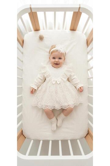 Baby Girl Mevlütlük Dress with Bandana and Lace Newborn Hospital Release Wedding Dress Evening Dress Mevlitlik 4027