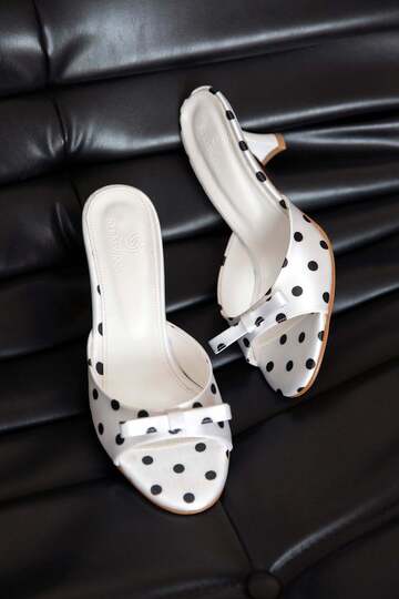 Majes Women's Heeled Satin Sandals White Polka Dot