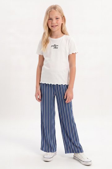 Girl's White T-Shirt and Patterned Trousers Set / with Different Color Options