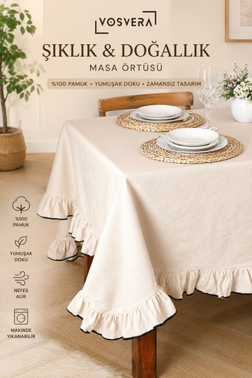 100% Cotton Ruffled Tablecloth Bohemian Vintage Stylish Design Cream Color