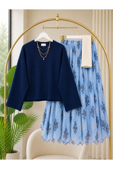 Women's Oy-So Blouse Tulle Patterned Skirt Set -0570 (Excluding Shawl)