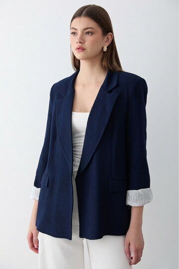 Women's Navy Blue Striped Lined Sleeve Detailed Blazer Jacket