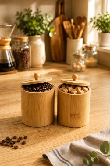 Set of 2 Bamboo Storage Boxes Coffee Sugar Tea Spice Jar Kitchen Organizer